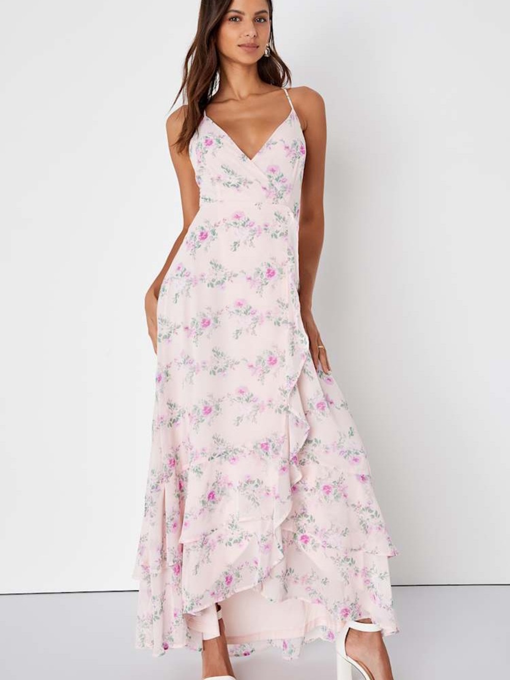 Lulus In Love Forever Blush Floral Lace-Up High-Low Maxi Dress